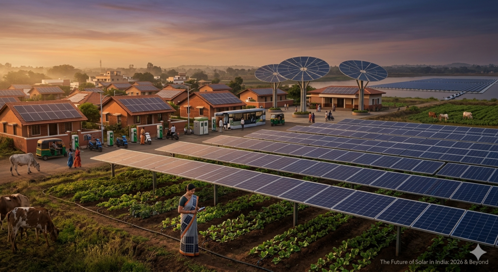 Future of solar energy in India showing rooftop solar panels and large solar farms powering homes and industries