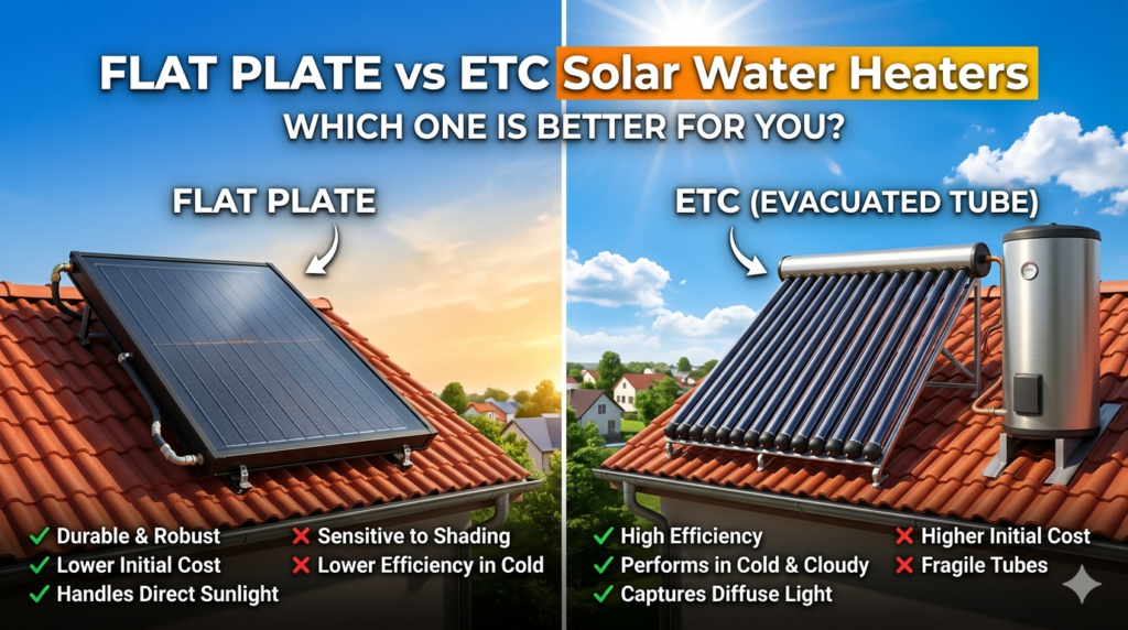 Flat Plate vs ETC solar water heater comparison showing efficiency durability and cost differences for home use in Pune
