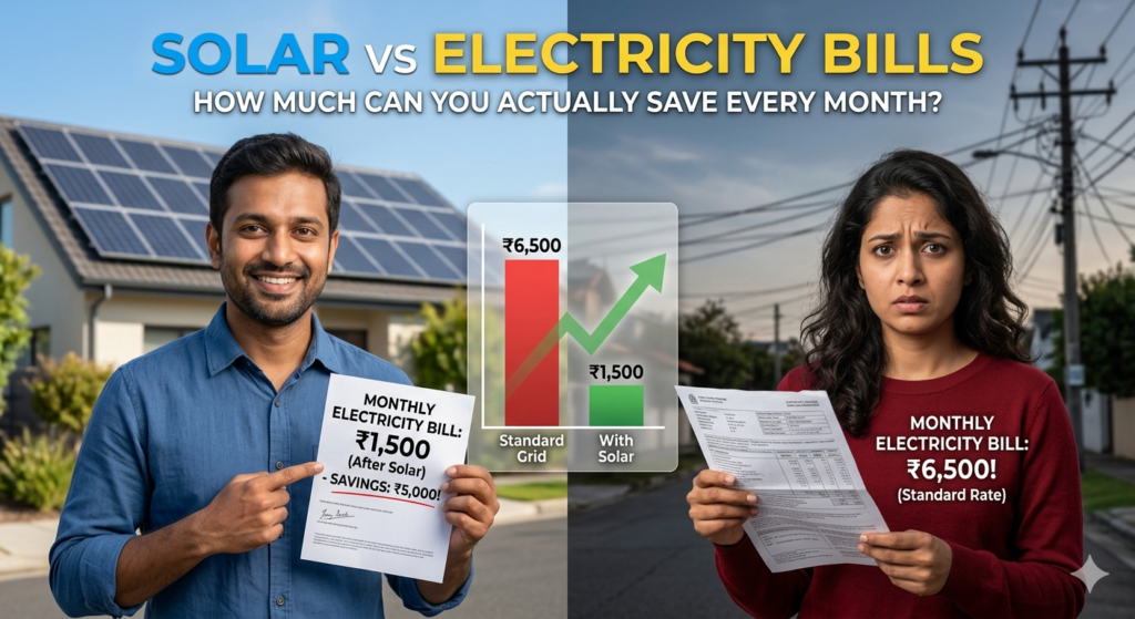 Comparison of electricity bills before and after installing rooftop solar system showing cost savings