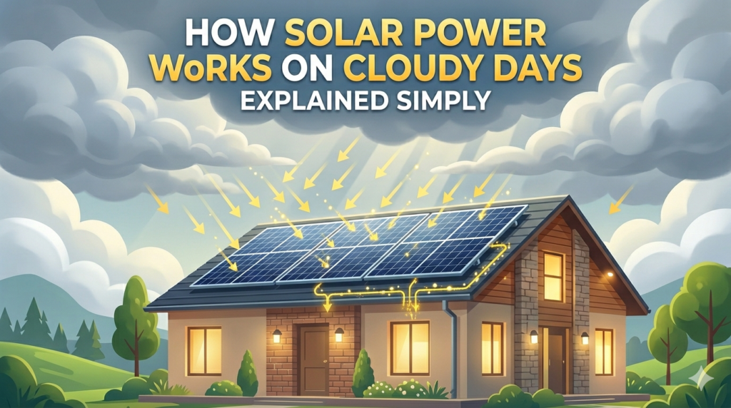 Solar panels generating electricity on cloudy day showing efficient solar energy system in Pune