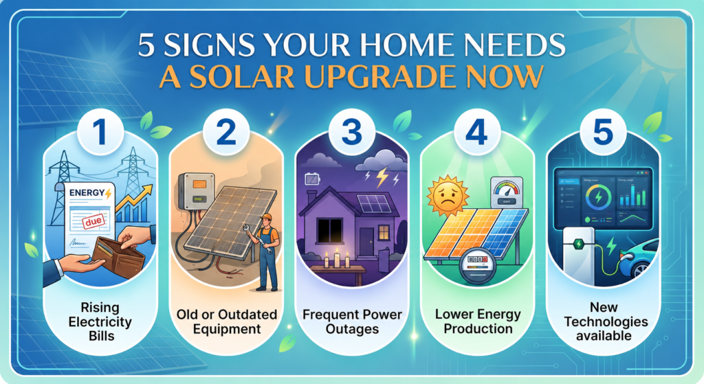 Infographic showing five signs your home needs a solar upgrade, including rising electricity bills, outdated solar equipment, frequent power outages, lower energy production, and new solar technologies.