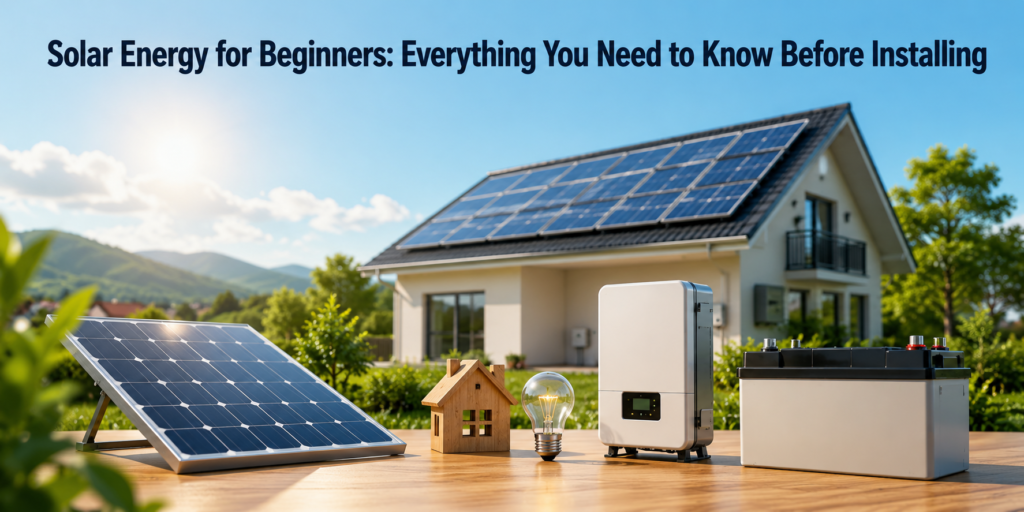 Illustration showing how solar energy works, including solar panels, inverter, battery storage, and electricity generation for homes and businesses.