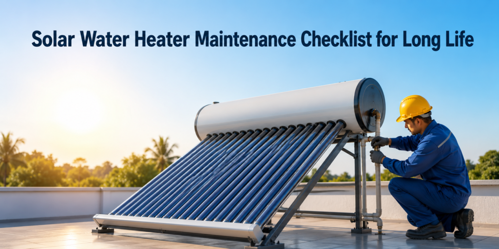 Technician inspecting and maintaining a rooftop solar water heater system to ensure long-term efficiency and reliable hot water supply.
