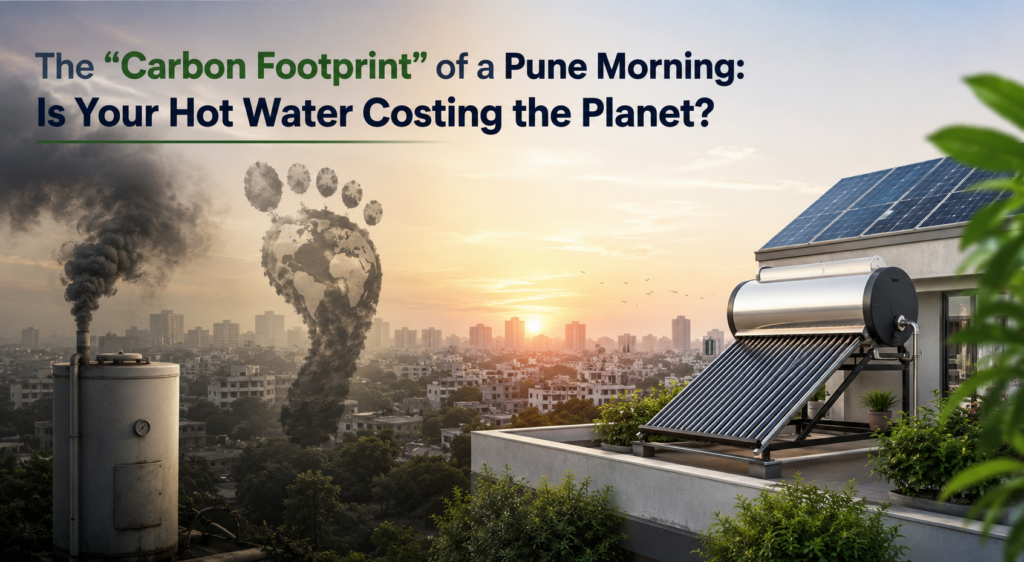 A modern home in Pune using a Savemax solar water heater and heat pump to reduce carbon footprint and electricity consumption.