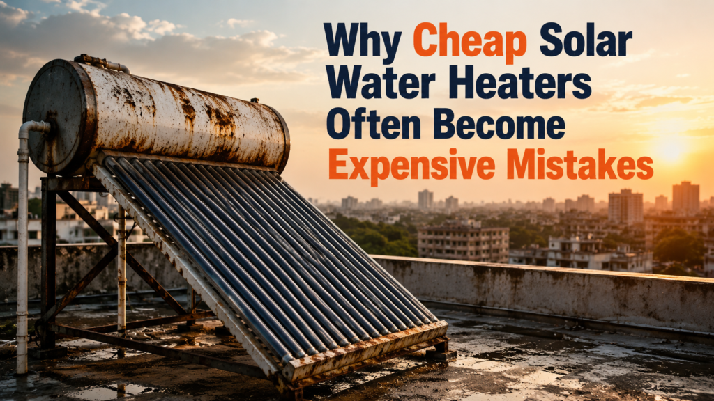 A high-quality Savemax solar water heater installed on a residential rooftop in Pune, highlighting reliable performance, energy savings, and long-term durability compared to cheap solar water heaters.